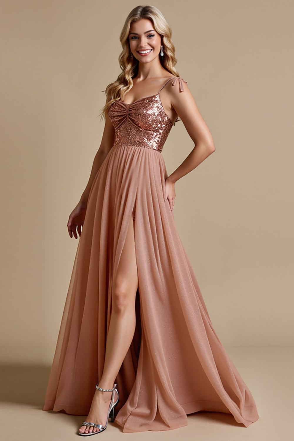 Sparkly Dusty Rose Spaghetti Straps A Line Long Bridesmaid Dress