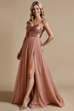 Sparkly Dusty Rose Spaghetti Straps A Line Long Bridesmaid Dress