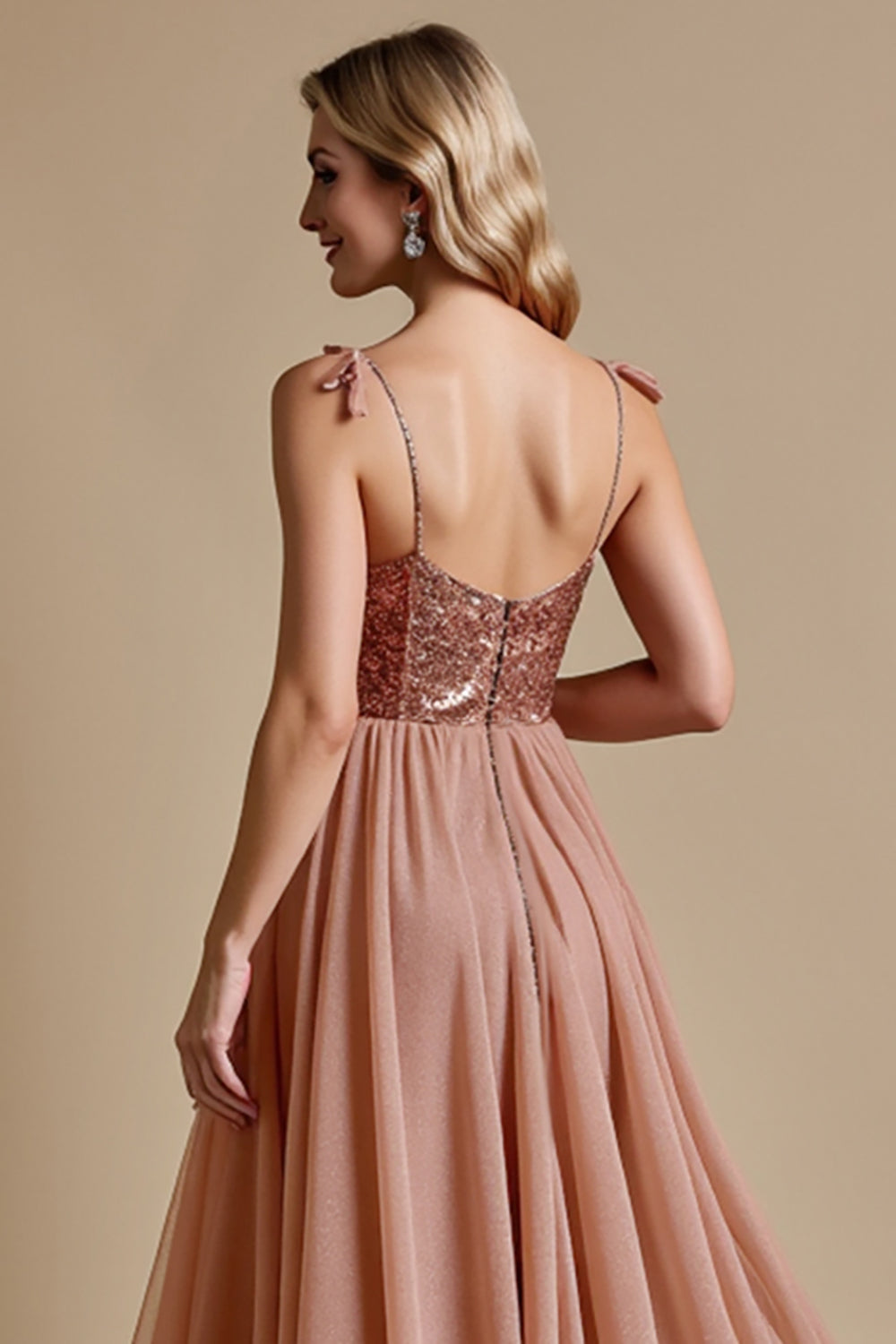 Sparkly Dusty Rose Spaghetti Straps A Line Long Bridesmaid Dress