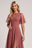 A Line Vintage Mauve Keyhole Long Bridesmaid Dress with Slit