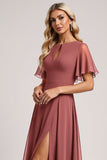 A Line Vintage Mauve Keyhole Long Bridesmaid Dress with Slit