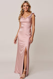 Sheath Candy Pink Satin Long Bridesmaid Dress with Slit