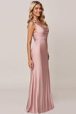 Sheath Candy Pink Satin Long Bridesmaid Dress with Slit