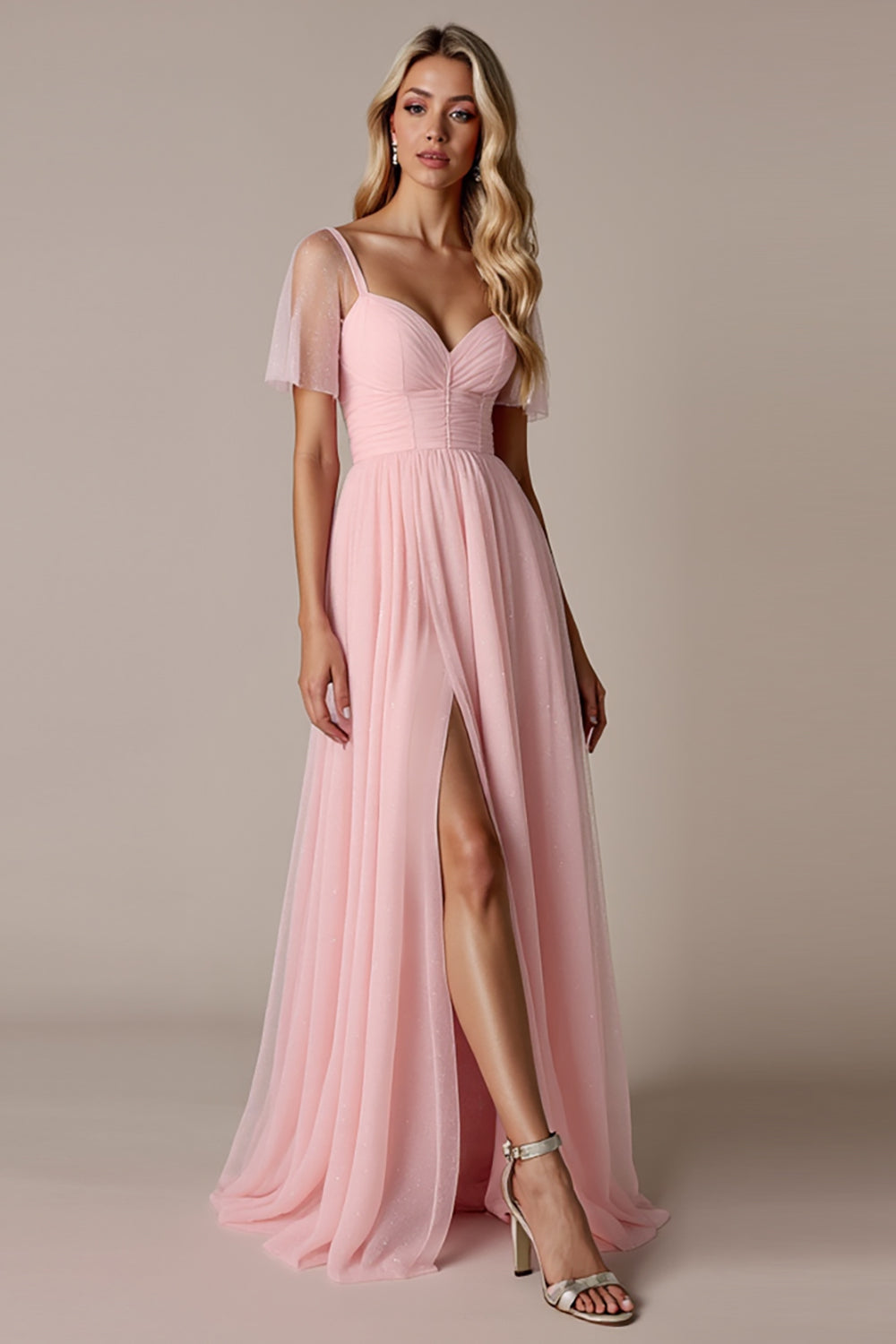 A Line Candy Pink Sweetheart Tulle Long Bridesmaid Dress with Slit