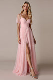 A Line Candy Pink Sweetheart Tulle Long Bridesmaid Dress with Slit