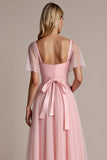 A Line Candy Pink Sweetheart Tulle Long Bridesmaid Dress with Slit