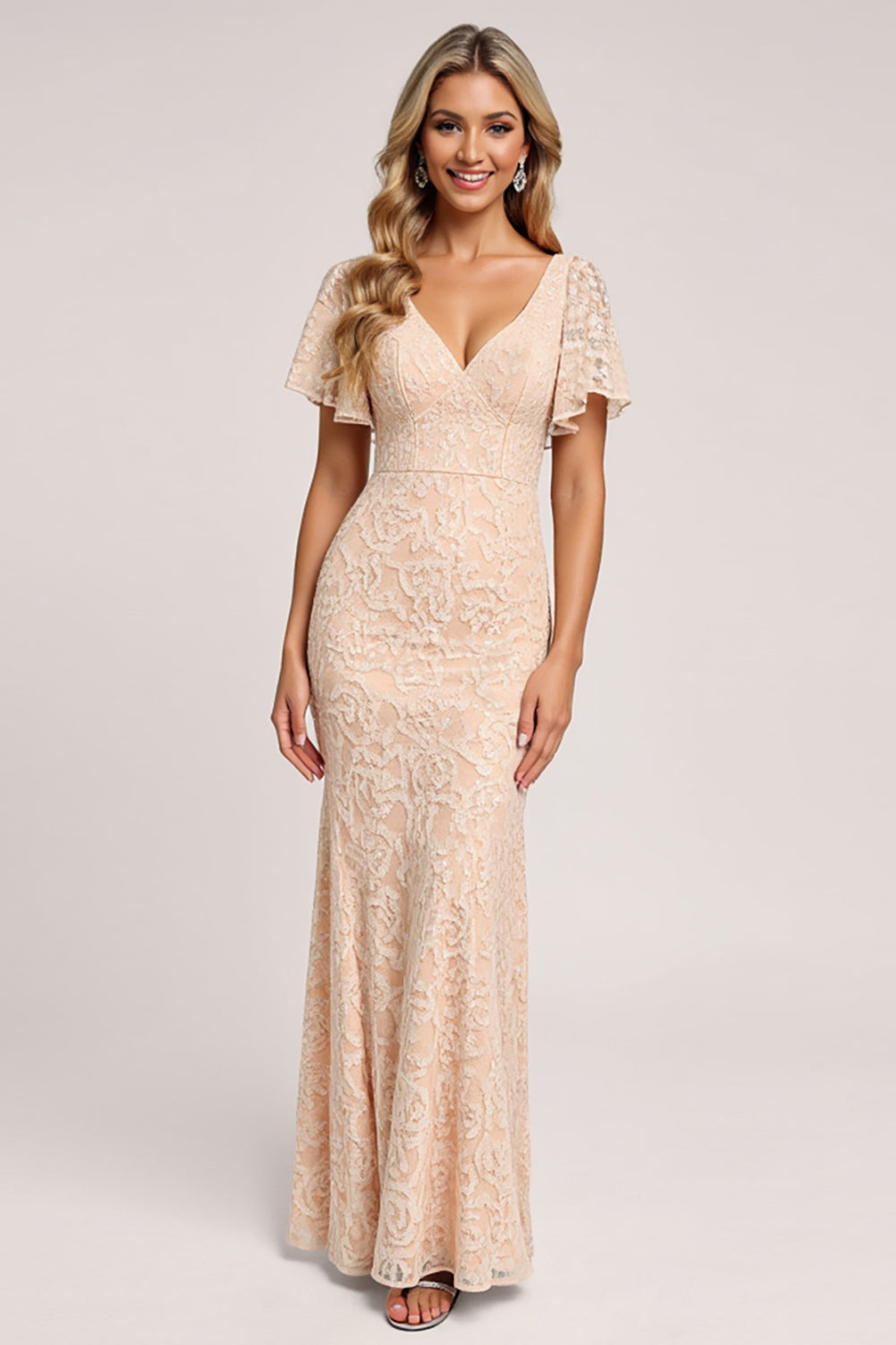 Apricot Sheath V-Neck Long Bridesmaid Dress with Short Sleeves