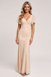 Apricot Sheath V-Neck Long Bridesmaid Dress with Short Sleeves