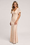 Apricot Sheath V-Neck Long Bridesmaid Dress with Short Sleeves