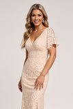 Apricot Sheath V-Neck Long Bridesmaid Dress with Short Sleeves