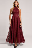 Cabernet A Line Halter Lace Long Bridesmaid Dress with Appliques