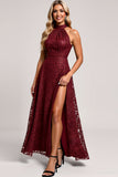 Cabernet A Line Halter Lace Long Bridesmaid Dress with Appliques