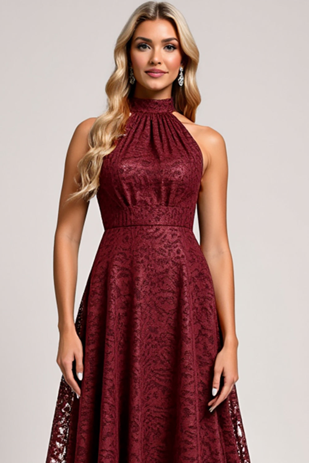 Cabernet A Line Halter Lace Long Bridesmaid Dress with Appliques