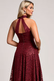 Cabernet A Line Halter Lace Long Bridesmaid Dress with Appliques