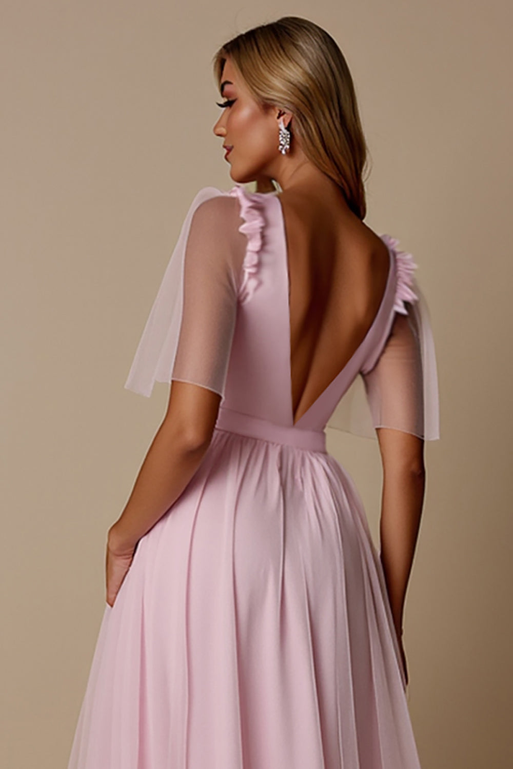 Candy Pink A Line Tulle V-Neck Long Bridesmaid Dress