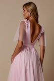 Candy Pink A Line Tulle V-Neck Long Bridesmaid Dress