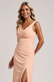 Blush Sheath V-Neck Long Ruched Bridesmaid Dress with Slit