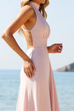 Candy Pink Satin Halter Long Bridesmaid Dress