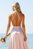 Candy Pink Satin Halter Long Bridesmaid Dress
