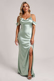 Sage Green Cold Shoulder Long Satin Bridesmaid Dress with Slit