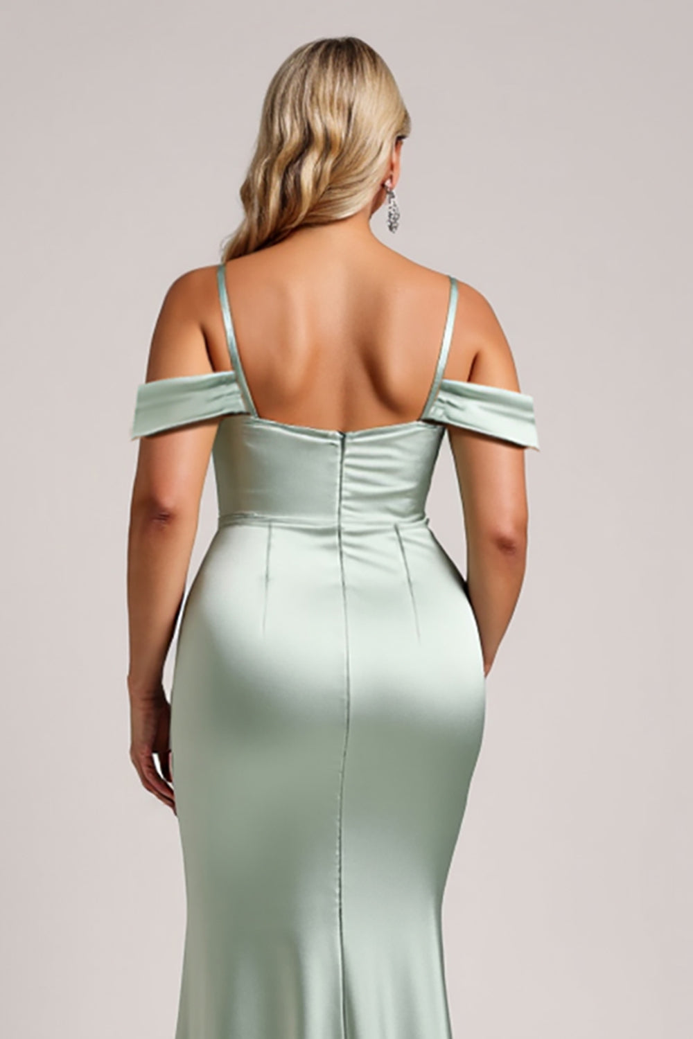 Sage Green Cold Shoulder Long Satin Bridesmaid Dress with Slit