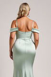 Sage Green Cold Shoulder Long Satin Bridesmaid Dress with Slit
