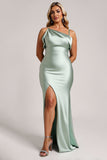 Sage Green Plus Size Satin Long Mermaid Bridesmaid Dress with Slit