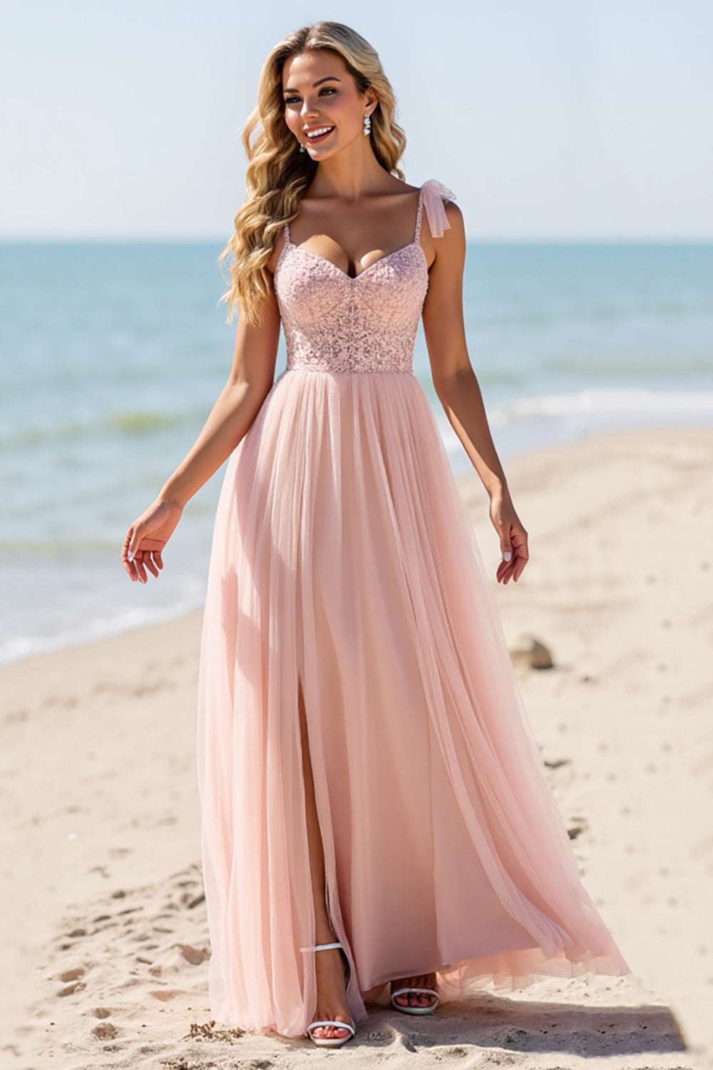 Blush Chiffon Spaghetti Straps Long Bridesmaid Dress with Appliques