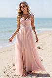 Blush Chiffon Spaghetti Straps Long Bridesmaid Dress with Appliques