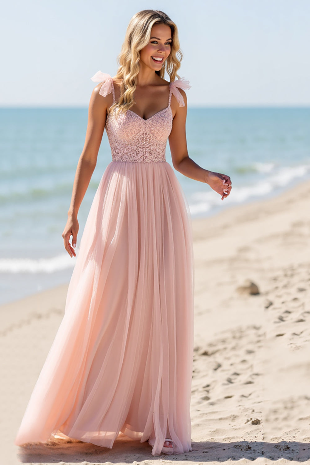 blush beach bridesmaid dress Blush Chiffon Spaghetti Straps Long Bridesmaid Dress with Appliques