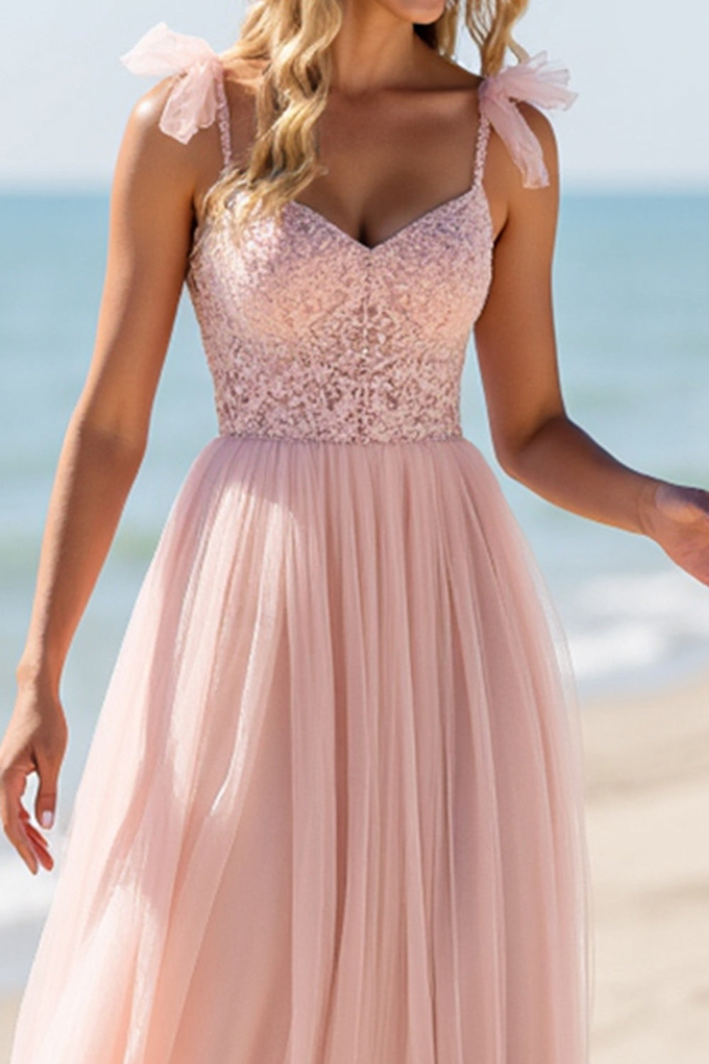 Blush Chiffon Spaghetti Straps Long Bridesmaid Dress with Appliques