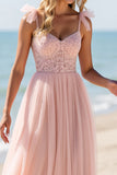 Blush Chiffon Spaghetti Straps Long Bridesmaid Dress with Appliques