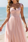 Blush Chiffon Spaghetti Straps Long Bridesmaid Dress with Appliques