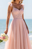 Blush Chiffon Spaghetti Straps Long Bridesmaid Dress with Appliques