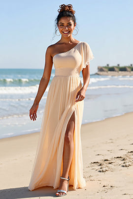 Apricot Chiffon One Shoulder Sheath Long Bridesmaid Dress with Slit