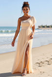 Apricot Chiffon One Shoulder Sheath Long Bridesmaid Dress with Slit