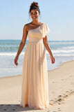 Apricot Chiffon One Shoulder Sheath Long Bridesmaid Dress with Slit