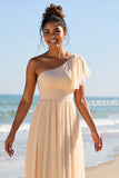 Apricot Chiffon One Shoulder Sheath Long Bridesmaid Dress with Slit