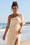 Apricot Chiffon One Shoulder Sheath Long Bridesmaid Dress with Slit