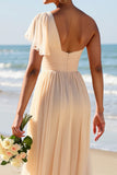 Apricot Chiffon One Shoulder Sheath Long Bridesmaid Dress with Slit
