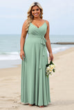 Sage Green Plus Size Chiffon V-Neck Long Bridesmaid Dress