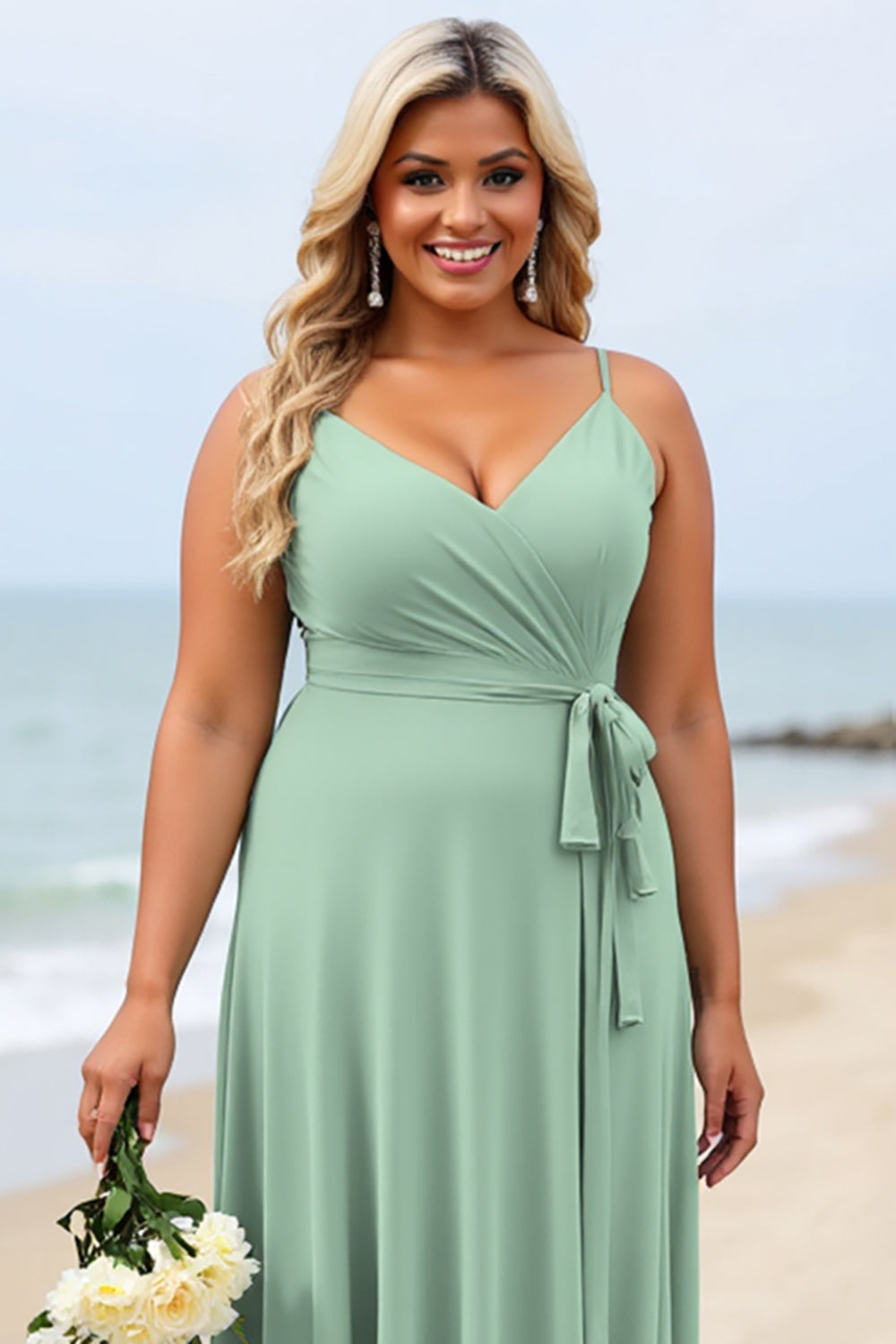 Sage Green Plus Size Chiffon V-Neck Long Bridesmaid Dress
