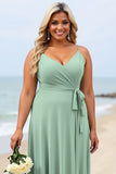 Sage Green Plus Size Chiffon V-Neck Long Bridesmaid Dress