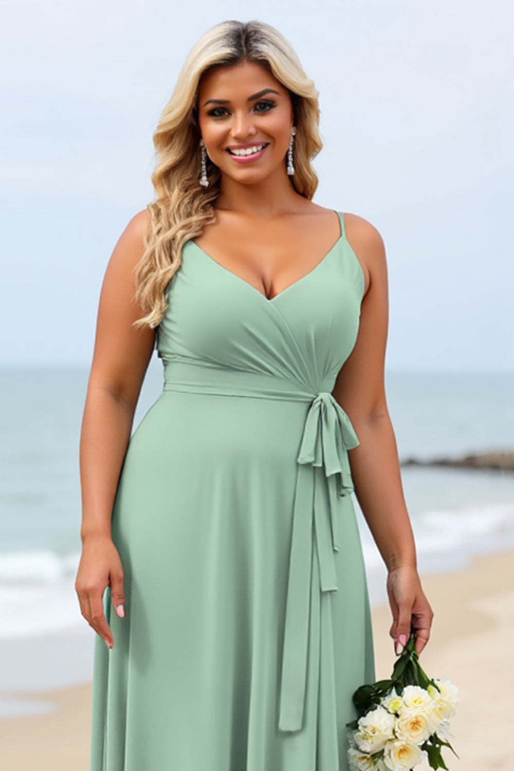 Sage Green Plus Size Chiffon V-Neck Long Bridesmaid Dress