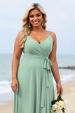 Sage Green Plus Size Chiffon V-Neck Long Bridesmaid Dress