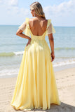 Yellow A Line V-Neck Chiffon Short Sleeves Long Bridesmaid Dress with Slit