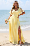 Yellow A Line V-Neck Chiffon Short Sleeves Long Bridesmaid Dress with Slit