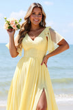 Yellow A Line V-Neck Chiffon Short Sleeves Long Bridesmaid Dress with Slit