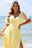 Yellow A Line V-Neck Chiffon Short Sleeves Long Bridesmaid Dress with Slit