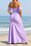 Lilac Satin Off the Shoulder Long Sheath Bridesmaid Dress with Slit